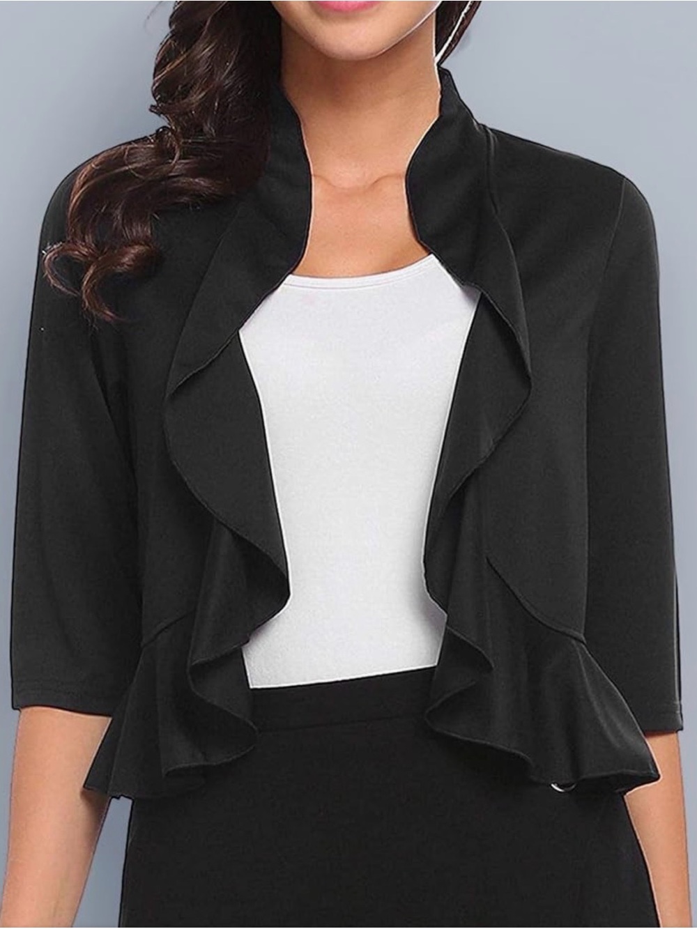 Aceshion Women Black Cropped Bolero Ruffle Shrug Open Front 3/4 Sleeve Sz M